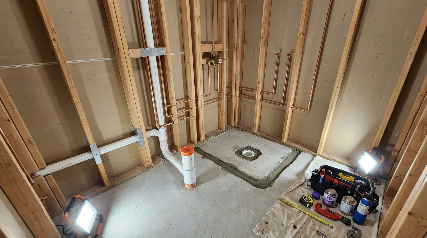 Bathroom rough-in plumbing during remodel by Johns Plumbing LLC in Siren
