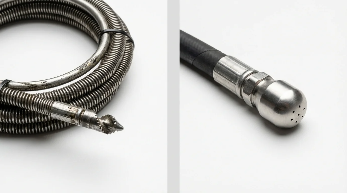 Drain snake cable and hydro jetting nozzle used for drain cleaning in Siren, WI