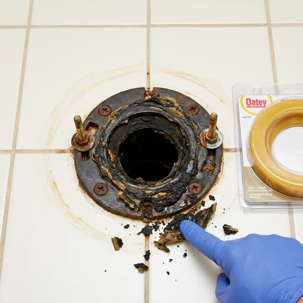 Failed wax ring showing water seepage at the base of a toilet in a Siren, WI home