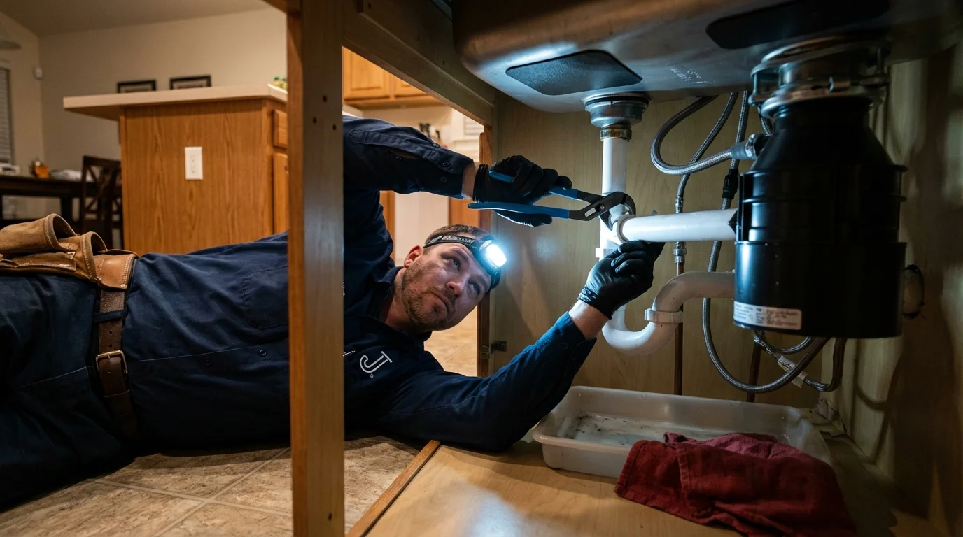 P-trap and supply line connections under a kitchen sink showing a common leak point in Siren, WI